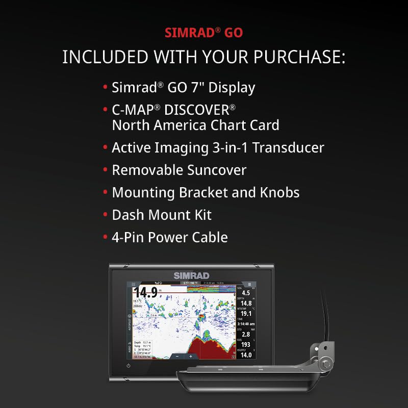Simrad GO Chartplotter and Fish Finder, with Transducer and Radar Options, Preloaded C-MAP Discover Chart Card