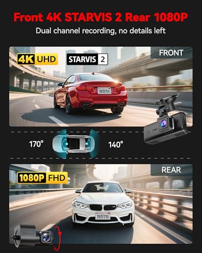 REDTIGER 4K STARVIS 2 Dash Cam Front and Rear, 5GHz WiFi 20MB/s Download, 128GB Card Included, Voice Control, Dash Camera for Cars with 3.18" Touch Screen, GPS, Loop Recording, Parking Mode(F7N Touch)