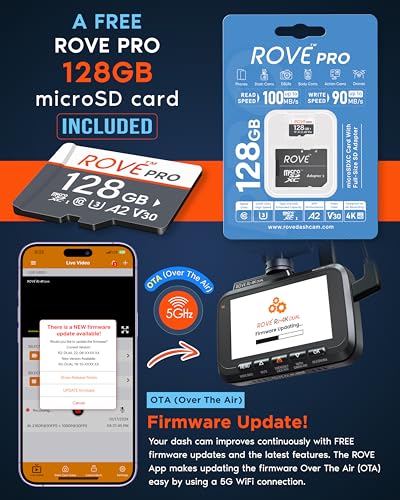 ROVE R2-4K DUAL Dash Cam Front and Rear, STARVIS 2 Sensor, FREE 128GB Card Included, 5G WiFi - up to 20MB/s Fastest Download Speed with App, 4K 2160P/FHD Dash Camera for Cars, 3" IPS, 24H Parking Mode