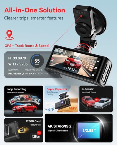 REDTIGER 4K STARVIS 2 Dash Cam Front and Rear, 5GHz WiFi 20MB/s Download, 128GB Card Included, Voice Control, Dash Camera for Cars with 3.18" Touch Screen, GPS, Loop Recording, Parking Mode(F7N Touch)