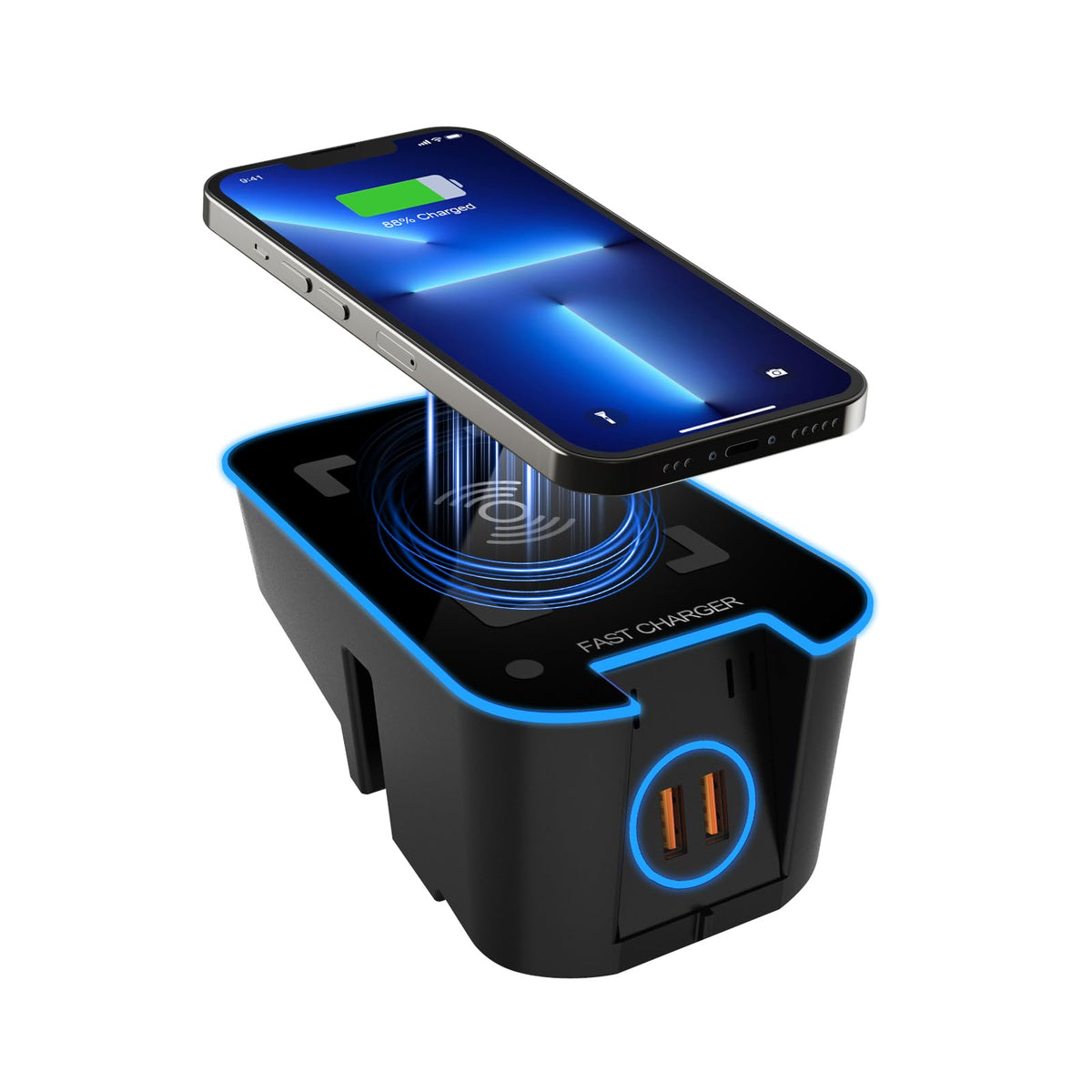 Wireless Car Charger for Volvo XC90 XC60 S90 S60 V90 V60, Qi Fast Charging Pad with Dual QC 3.0 USB Ports, 3-Coil Design, LED Indicator, Easy Installation