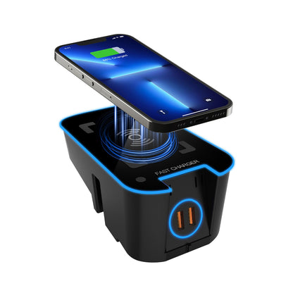 Wireless Car Charger for Volvo XC90 XC60 S90 S60 V90 V60, Qi Fast Charging Pad with Dual QC 3.0 USB Ports, 3-Coil Design, LED Indicator, Easy Installation