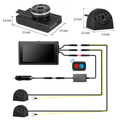 VSYSTO Upgrade 3CH Truck Dash Camera System DVR Recorder Waterproof Vehicle Backup Camera 1080P Front&Sides&Rear View Security Camera for Semi Truck Trailer Van RVs 3.0'' Monitor Infrared Night Vision