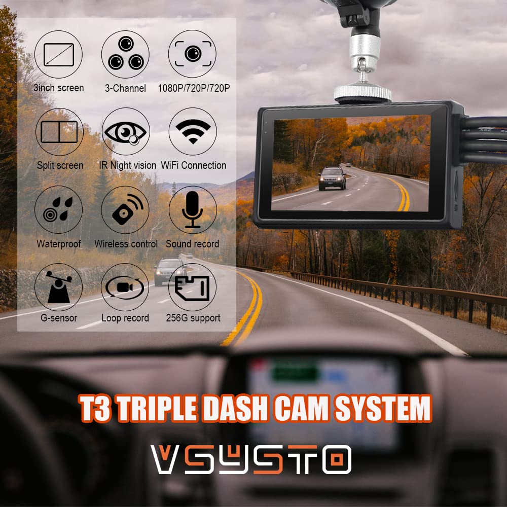 VSYSTO Upgrade 3CH Truck Dash Camera System DVR Recorder Waterproof Vehicle Backup Camera 1080P Front&Sides&Rear View Security Camera for Semi Truck Trailer Van RVs 3.0'' Monitor Infrared Night Vision