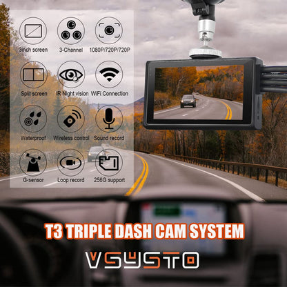 VSYSTO Upgrade 3CH Truck Dash Camera System DVR Recorder Waterproof Vehicle Backup Camera 1080P Front&Sides&Rear View Security Camera for Semi Truck Trailer Van RVs 3.0'' Monitor Infrared Night Vision