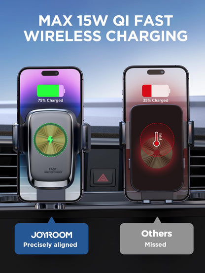 JOYROOM Wireless Car Charger, 15W Fast Charging Auto Clamping Car Phone Holder Charger, Air Vent Car Phone Holder Mount for iPhone 17/16/15 Pro Max Air, Galaxy S26/25 Ultra, Pixel 10 Pro and More
