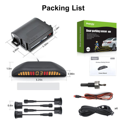 Promata PSW-81 12-24V Wireless Parking Sensor, Wireless Parking Kit with 4 58Hkz Sensors for Car Truck Trailer, Upside Down Display with Adjustable Alarm Volume