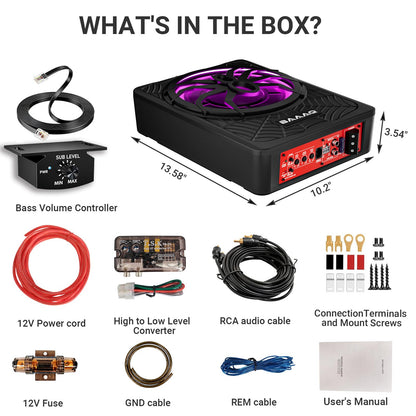 Baaaq Slim Underseat Powered Car Subwoofer, 2026 Upgraded 10 inch 1200W Car/Truck Audio Subwoofer with Built-in Amplifier Amp Combo Package, Powerful bass and RGB LED Ambient Light for Car and Truck