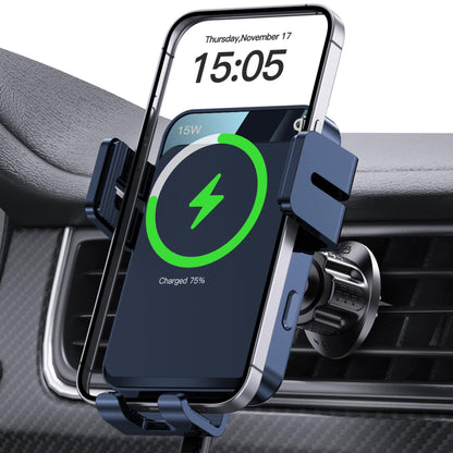 MOKPR Wireless Car Charger, Auto-Clamping Car Mount 15W/10W/7.5W Fast Charging Air Vent Car Phone Mount Compatible with iPhone 15/14/13/13 Pro/12 Pro Max/12 pro/12/11/10 Series, Samsung Galaxy Series