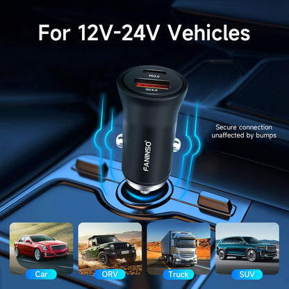 USB C Car Charger, 60W Dual Port (USB‑C + USB‑A) PD/QC Fast Charging 12V/24V Cigarette Lighter Adapter, Compatible with iPhone 17/16/15, Galaxy S26/S25/S24, Pixel, iPad