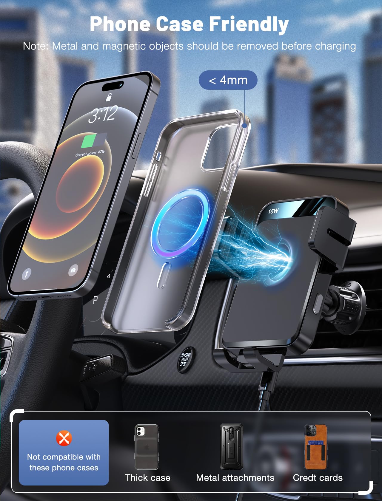 MOKPR Wireless Car Charger, Auto-Clamping Car Mount 15W/10W/7.5W Fast Charging Air Vent Car Phone Mount Compatible with iPhone 15/14/13/13 Pro/12 Pro Max/12 pro/12/11/10 Series, Samsung Galaxy Series