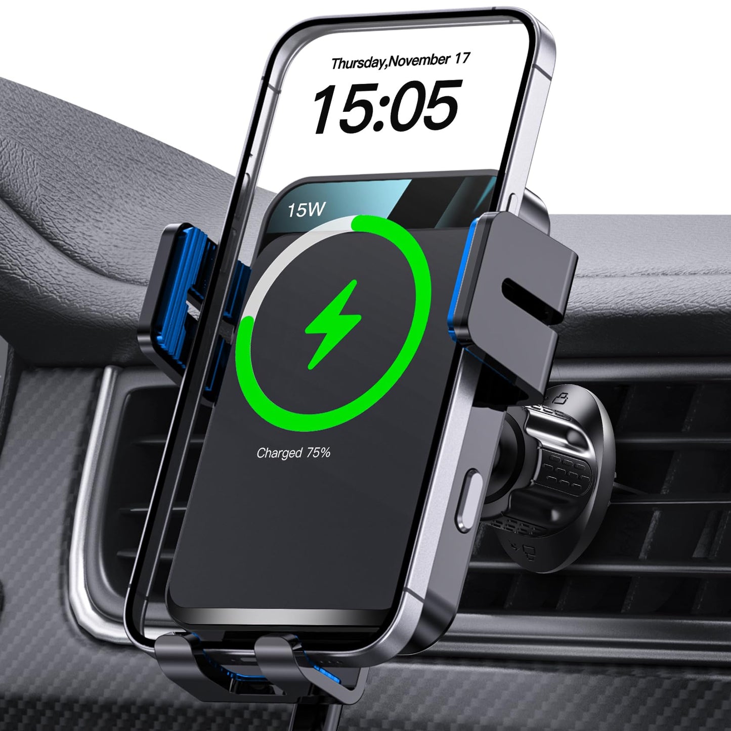 MOKPR Wireless Car Charger, Auto-Clamping Car Mount 15W/10W/7.5W Fast Charging Air Vent Car Phone Mount Compatible with iPhone 15/14/13/13 Pro/12 Pro Max/12 pro/12/11/10 Series, Samsung Galaxy Series