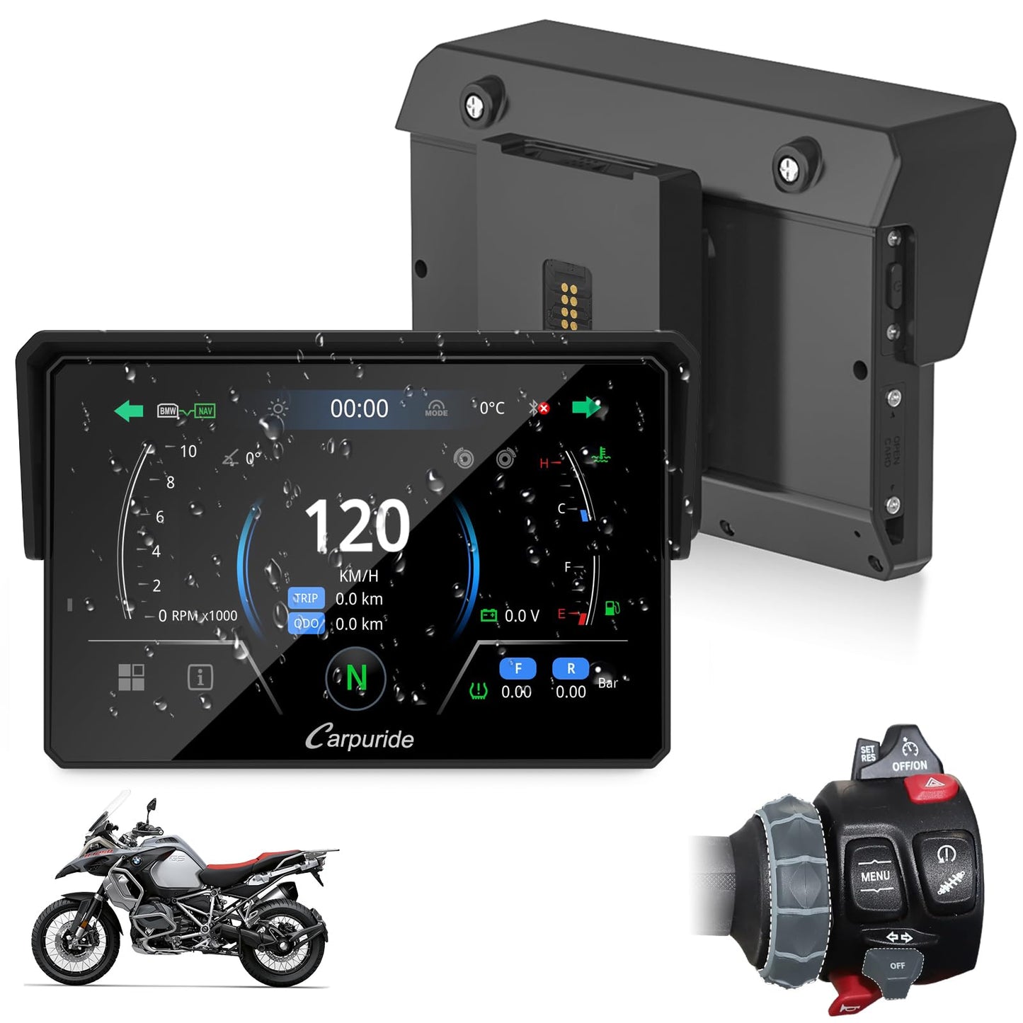 CARPURIDE CarPlay & Android Auto Dual Bluetooth, 7" Waterproof GPS Navigation Screen, Data Reading, Native Wonder, TPMS, Light Sensor, Music Sharing, Intercom, 16-Pin