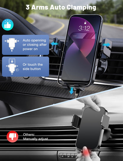 MOKPR Wireless Car Charger, Auto-Clamping Car Mount 15W/10W/7.5W Fast Charging Air Vent Car Phone Mount Compatible with iPhone 15/14/13/13 Pro/12 Pro Max/12 pro/12/11/10 Series, Samsung Galaxy Series