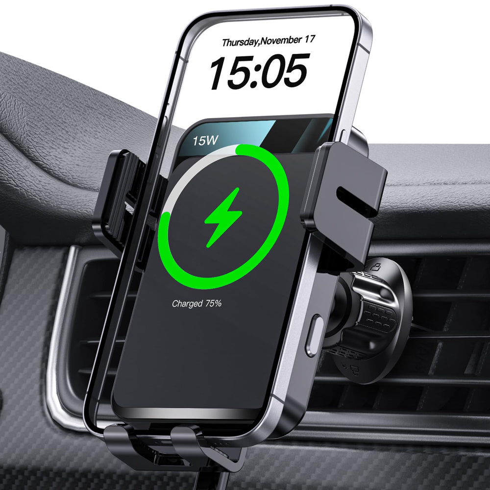 MOKPR Wireless Car Charger, Auto-Clamping Car Mount 15W/10W/7.5W Fast Charging Air Vent Car Phone Mount Compatible with iPhone 15/14/13/13 Pro/12 Pro Max/12 pro/12/11/10 Series, Samsung Galaxy Series