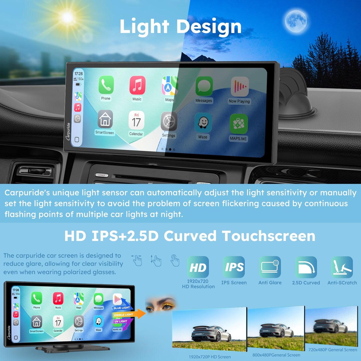CARPURIDE CarPlay & Android Auto Dual Bluetooth, 7" Waterproof GPS Navigation Screen, Data Reading, Native Wonder, TPMS, Light Sensor, Music Sharing, Intercom, 16-Pin