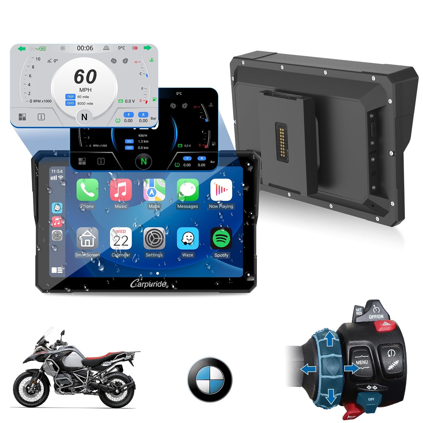 CARPURIDE CarPlay & Android Auto Dual Bluetooth, 7" Waterproof GPS Navigation Screen, Data Reading, Native Wonder, TPMS, Light Sensor, Music Sharing, Intercom, 16-Pin