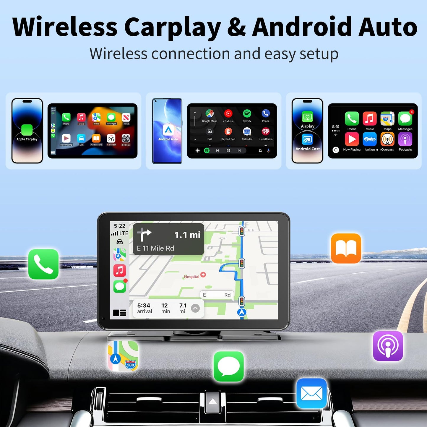 CarPlay Screen for Car, 9'' Wireless CarPlay & Android Auto - Smart Portable Touchscreen with Bluetooth/FM, Mirror Link, Voice Control, GPS Navigation, Hands-Free Calling, Plug & Play Car Play Screen