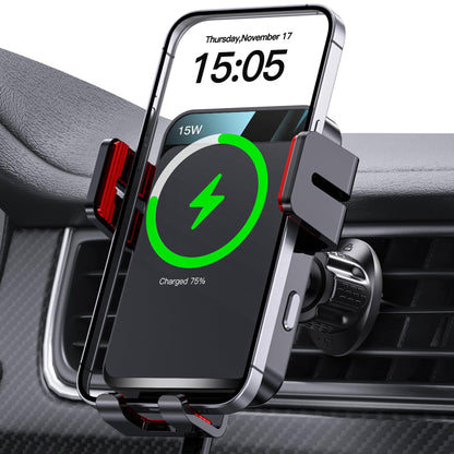MOKPR Wireless Car Charger, Auto-Clamping Car Mount 15W/10W/7.5W Fast Charging Air Vent Car Phone Mount Compatible with iPhone 15/14/13/13 Pro/12 Pro Max/12 pro/12/11/10 Series, Samsung Galaxy Series