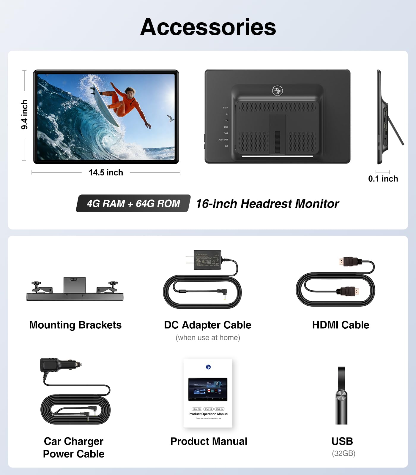 16 inch Android 13 Car Headrest Monitor Screen Car TV Entertainment System for Cars Backseat,Support Phone Wireless Mirroring Sync Screen WiFi HDMI Bluetooth USB SD Video Player 4G+64G