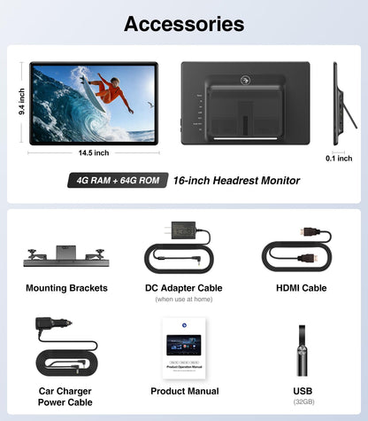 16 inch Android 13 Car Headrest Monitor Screen Car TV Entertainment System for Cars Backseat,Support Phone Wireless Mirroring Sync Screen WiFi HDMI Bluetooth USB SD Video Player 4G+64G