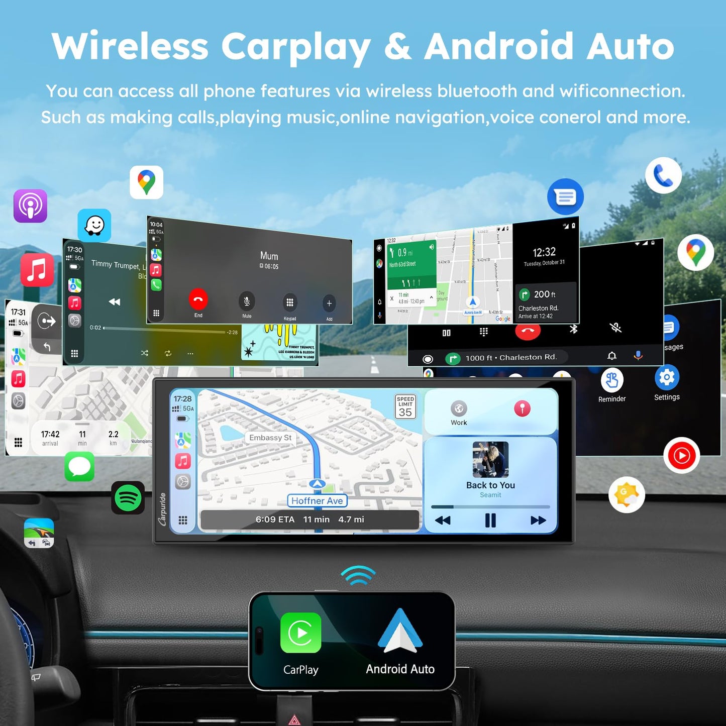 CARPURIDE CarPlay & Android Auto Dual Bluetooth, 7" Waterproof GPS Navigation Screen, Data Reading, Native Wonder, TPMS, Light Sensor, Music Sharing, Intercom, 16-Pin