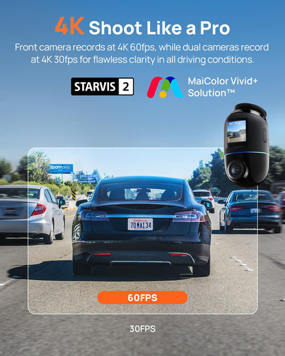 70mai Dual Dash Cam Front and Rear 4K, Car Camera for Cars with Sony IMX678, STARVIS 2 Night Vision, 4G LTE, AI Motion Detection, ADAS, 5GHz Wi-Fi 6, Parking Monitor, Voice Control