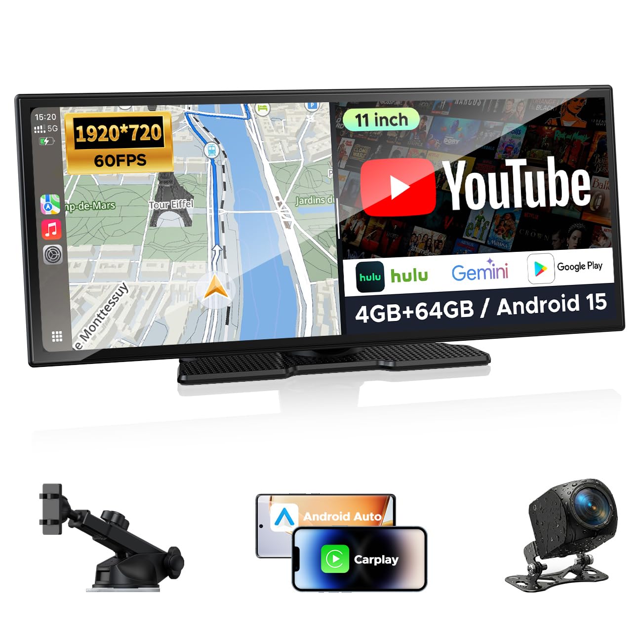 11" AI CarPlay Screen with Full Google-Play Access: Download Apps for Streaming, Gemini & More, 8-Core Processor, Built-in GPS, 1920x720 IPS 60FPS Screen, Android Auto, OTA, 1080P DVR Backup Camera