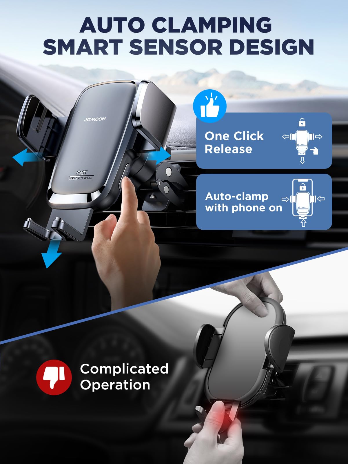 JOYROOM Wireless Car Charger, 15W Fast Charging Auto Clamping Car Phone Holder Charger, Air Vent Car Phone Holder Mount for iPhone 17/16/15 Pro Max Air, Galaxy S26/25 Ultra, Pixel 10 Pro and More