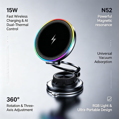 15W Fast Wireless Car Charger, Magnetic Dashboard Phone Holder, 360 Rotating Foldable Bracket, Compatible with MagSafe, Strong N52 Magnet & Gel Suction for iPhone17/16/15 pro and Samsung Smartphones