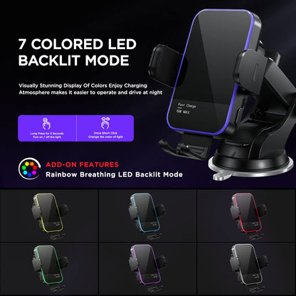 Wireless Car Charger,【7 Colored LED Backlit】 Mosurr 15W Auto Clamping Car Charger Phone Mount Holder fit for iPhone 15 14 13 12 Mini Pro Max 11 XR XS X, Samsung Galaxy S23 Ultra S22 S21+ S10+ Note 20