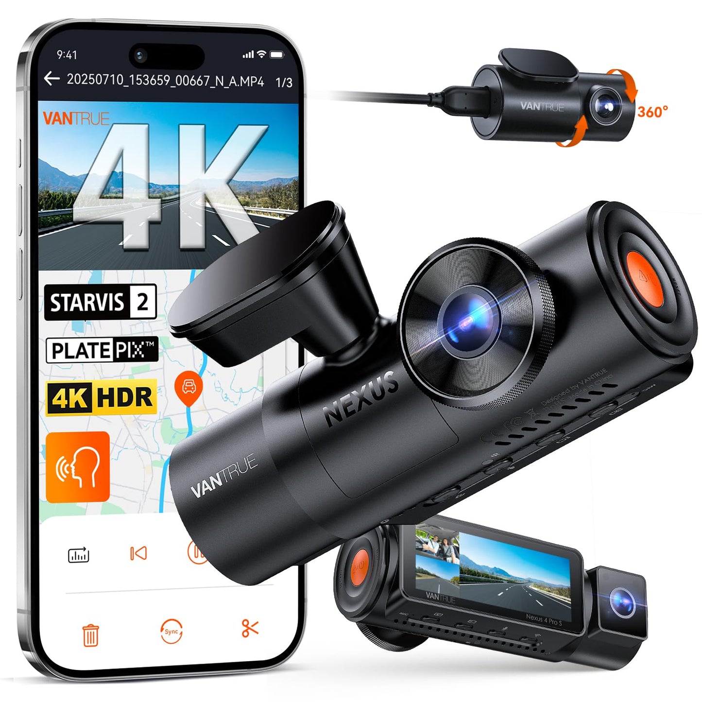 [Bundle-2 Items: Vantrue N4 Pro S Dash Cam & CPL & Hardwire Kit] Triple STARVIS 2 Dash Camera for Cars, 4K+1080P+2.5K Front and Rear Inside, HDR IR Night Vision, 24/7 Buffered Parking Mode, GPS