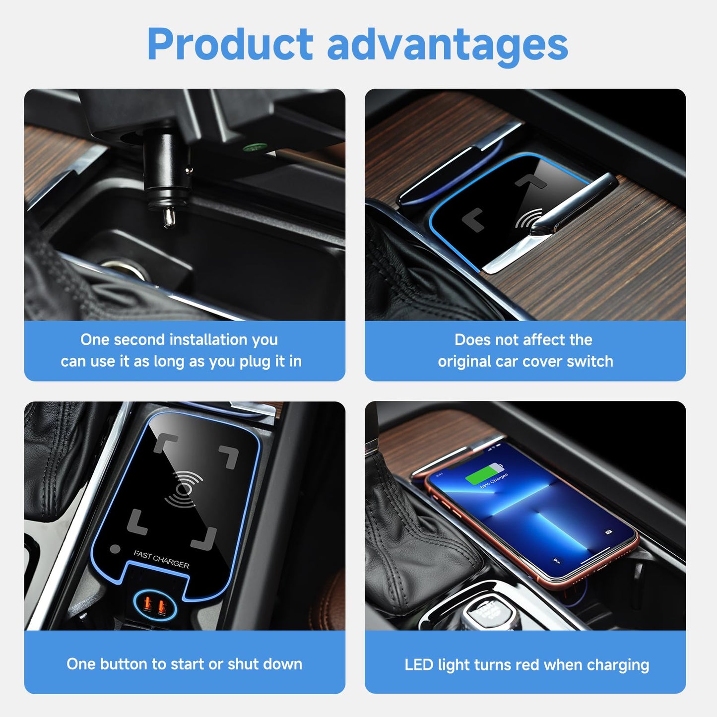 Wireless Car Charger for Volvo XC90 XC60 S90 S60 V90 V60, Qi Fast Charging Pad with Dual QC 3.0 USB Ports, 3-Coil Design, LED Indicator, Easy Installation