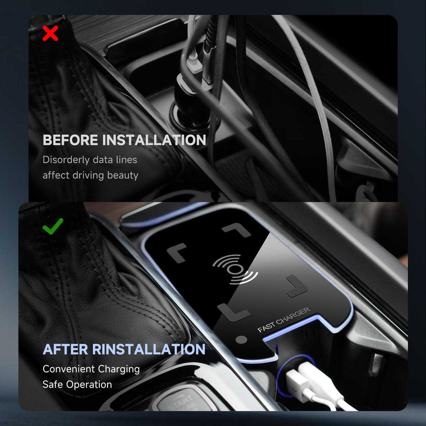 Wireless Car Charger for Volvo XC90 XC60 S90 S60 V90 V60, Qi Fast Charging Pad with Dual QC 3.0 USB Ports, 3-Coil Design, LED Indicator, Easy Installation