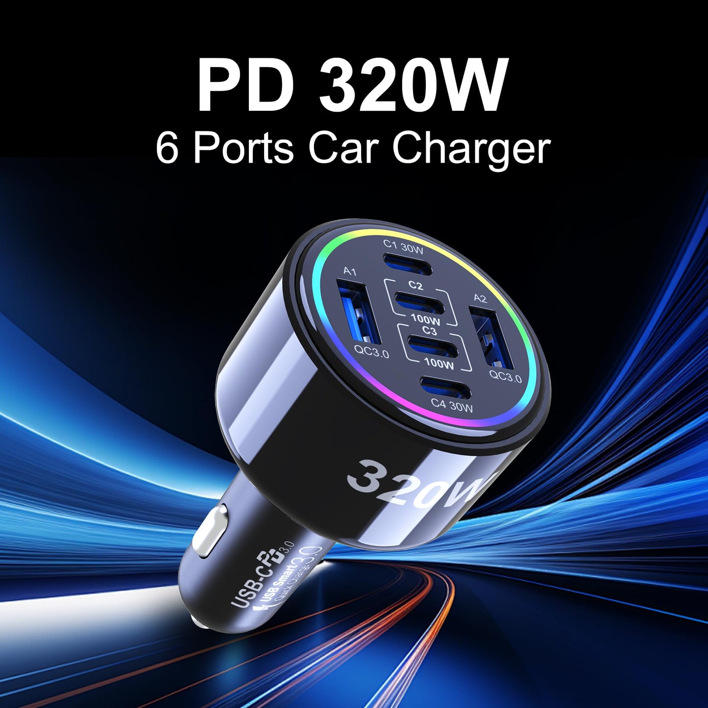 320W USB C Car Charger, 6 Ports Type C Car Charger, PD3.0/QC4.0/PPS Super Fast Charging for iPhone 17/16/15 Series, Galaxy S25/S24/23, iPad, MacBook Pro/Air, Laptop