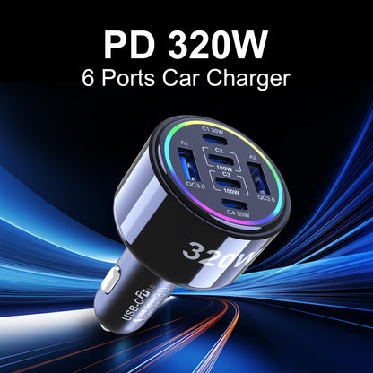 320W USB C Car Charger, 6 Ports Type C Car Charger, PD3.0/QC4.0/PPS Super Fast Charging for iPhone 17/16/15 Series, Galaxy S25/S24/23, iPad, MacBook Pro/Air, Laptop