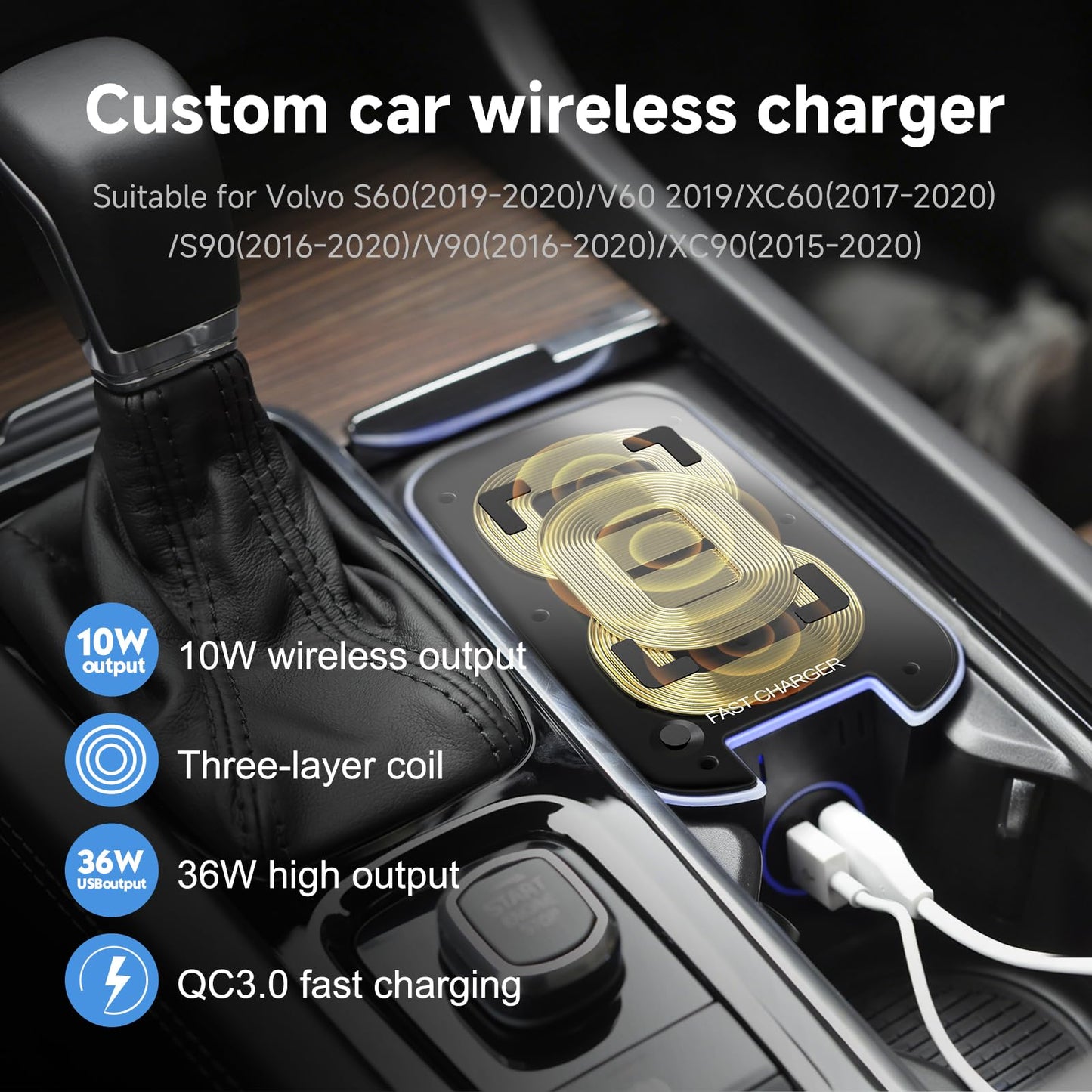 Wireless Car Charger for Volvo XC90 XC60 S90 S60 V90 V60, Qi Fast Charging Pad with Dual QC 3.0 USB Ports, 3-Coil Design, LED Indicator, Easy Installation