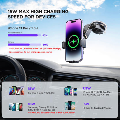 Wireless Car Charger,【7 Colored LED Backlit】 Mosurr 15W Auto Clamping Car Charger Phone Mount Holder fit for iPhone 15 14 13 12 Mini Pro Max 11 XR XS X, Samsung Galaxy S23 Ultra S22 S21+ S10+ Note 20