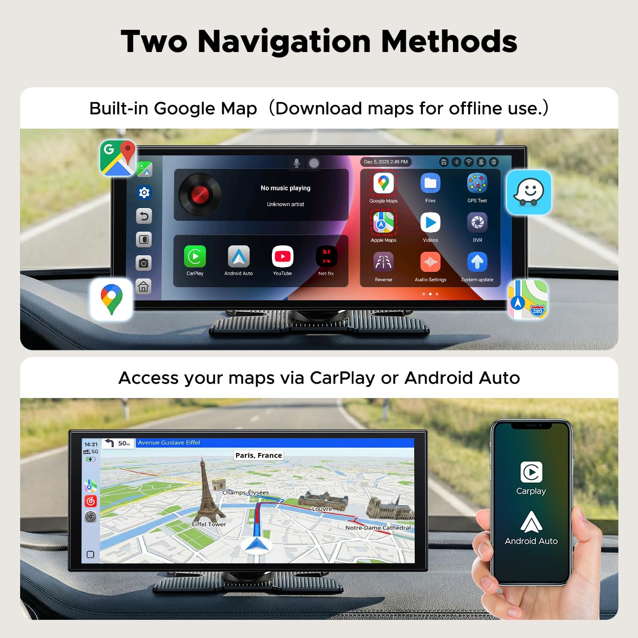 11" AI CarPlay Screen with Full Google-Play Access: Download Apps for Streaming, Gemini & More, 8-Core Processor, Built-in GPS, 1920x720 IPS 60FPS Screen, Android Auto, OTA, 1080P DVR Backup Camera