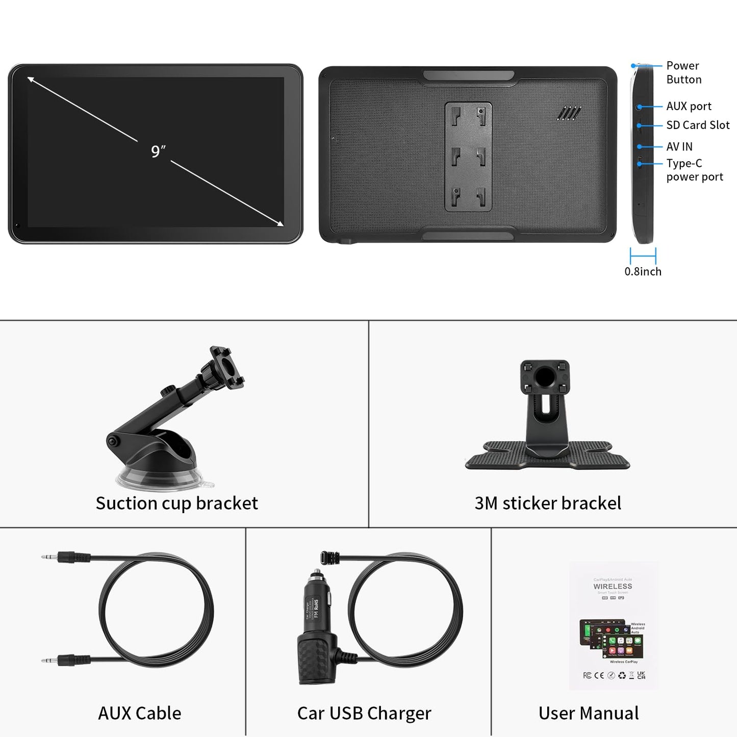 CarPlay Screen for Car, 9'' Wireless CarPlay & Android Auto - Smart Portable Touchscreen with Bluetooth/FM, Mirror Link, Voice Control, GPS Navigation, Hands-Free Calling, Plug & Play Car Play Screen