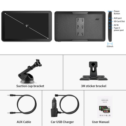 CarPlay Screen for Car, 9'' Wireless CarPlay & Android Auto - Smart Portable Touchscreen with Bluetooth/FM, Mirror Link, Voice Control, GPS Navigation, Hands-Free Calling, Plug & Play Car Play Screen