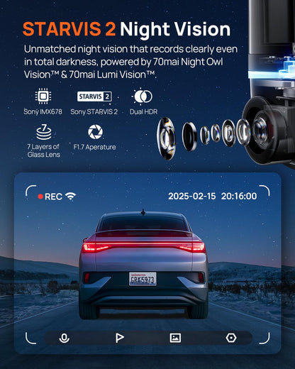 70mai Dual Dash Cam Front and Rear 4K, Car Camera for Cars with Sony IMX678, STARVIS 2 Night Vision, 4G LTE, AI Motion Detection, ADAS, 5GHz Wi-Fi 6, Parking Monitor, Voice Control