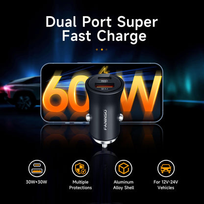 USB C Car Charger, 60W Dual Port (USB‑C + USB‑A) PD/QC Fast Charging 12V/24V Cigarette Lighter Adapter, Compatible with iPhone 17/16/15, Galaxy S26/S25/S24, Pixel, iPad