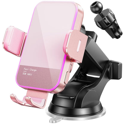 Wireless Car Charger,【7 Colored LED Backlit】 Mosurr 15W Auto Clamping Car Charger Phone Mount Holder fit for iPhone 15 14 13 12 Mini Pro Max 11 XR XS X, Samsung Galaxy S23 Ultra S22 S21+ S10+ Note 20