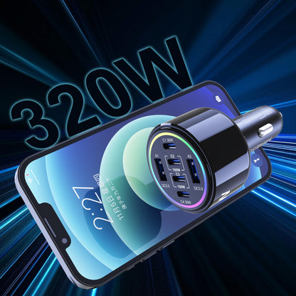 320W USB C Car Charger, 6 Ports Type C Car Charger, PD3.0/QC4.0/PPS Super Fast Charging for iPhone 17/16/15 Series, Galaxy S25/S24/23, iPad, MacBook Pro/Air, Laptop