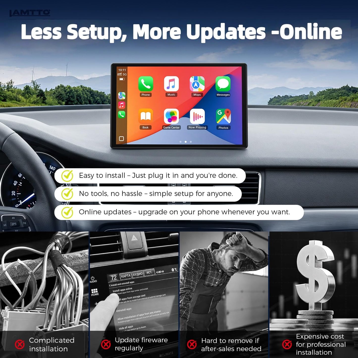 LAMTTO 11" Wireless CarPlay Screen with in-Cell Display - Dual-Band WiFi, OTA Updates & Mirror Link for iPhone & Android, A Thoughtful Gift for Family & New Drivers