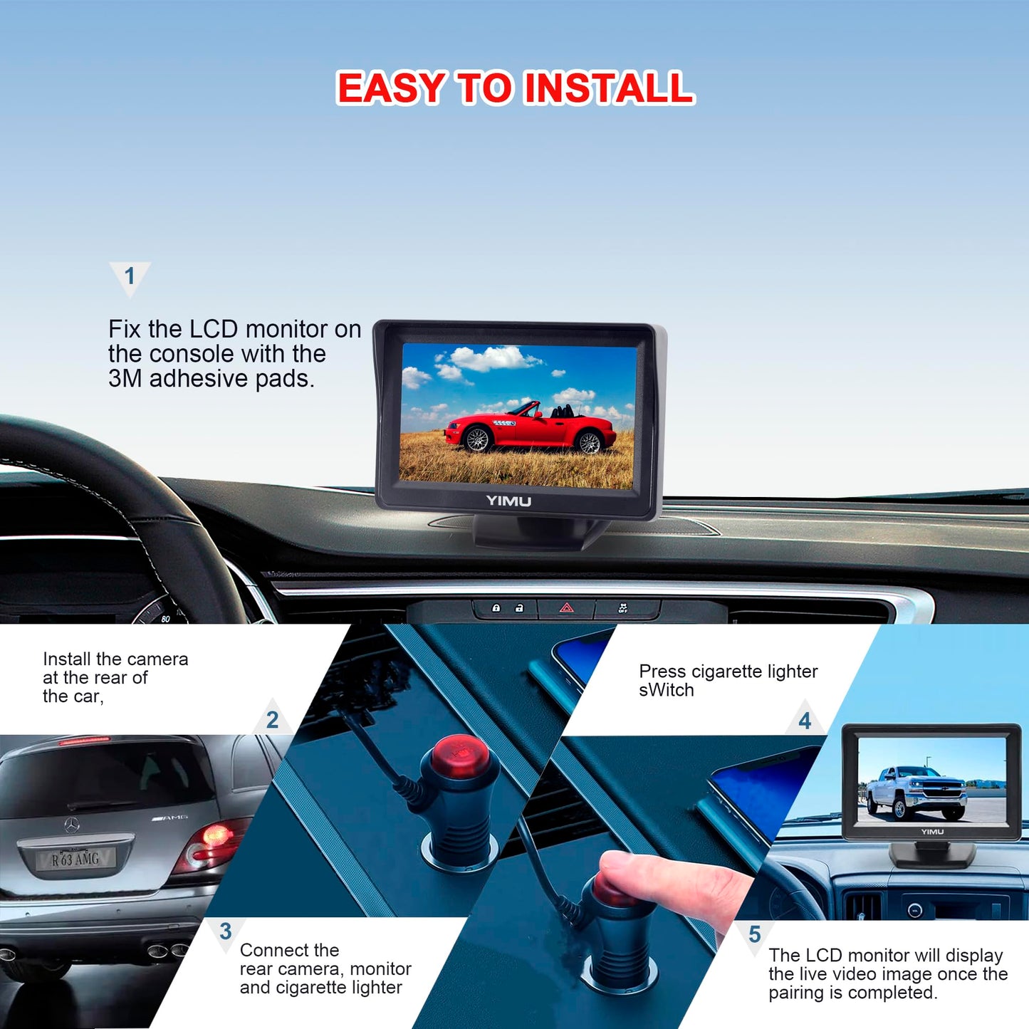 YIMU Backup Camera System with License Plate Backup Camera, Easy Installation, Plug & Play, DIY Guide Lines, 150° Wide Angle, Night Vision, IP69K Waterproof