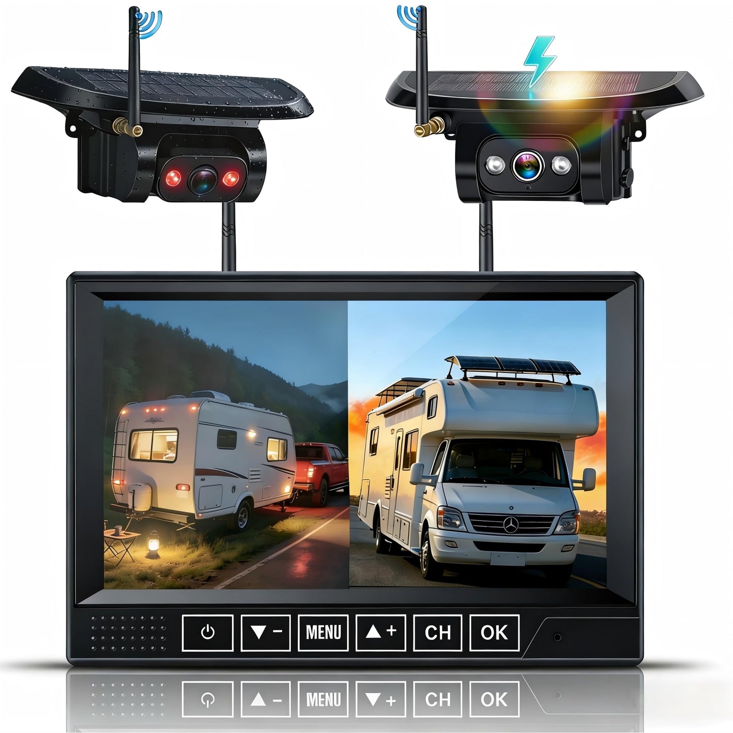 HD 1080P RV Backup Camera Wireless Easy Install: 7'' DVR 4-Channels Split Screen for Furrion Pre-Wired RVs System, AI Motion Detection Clear Night Vision Rear View Camera
