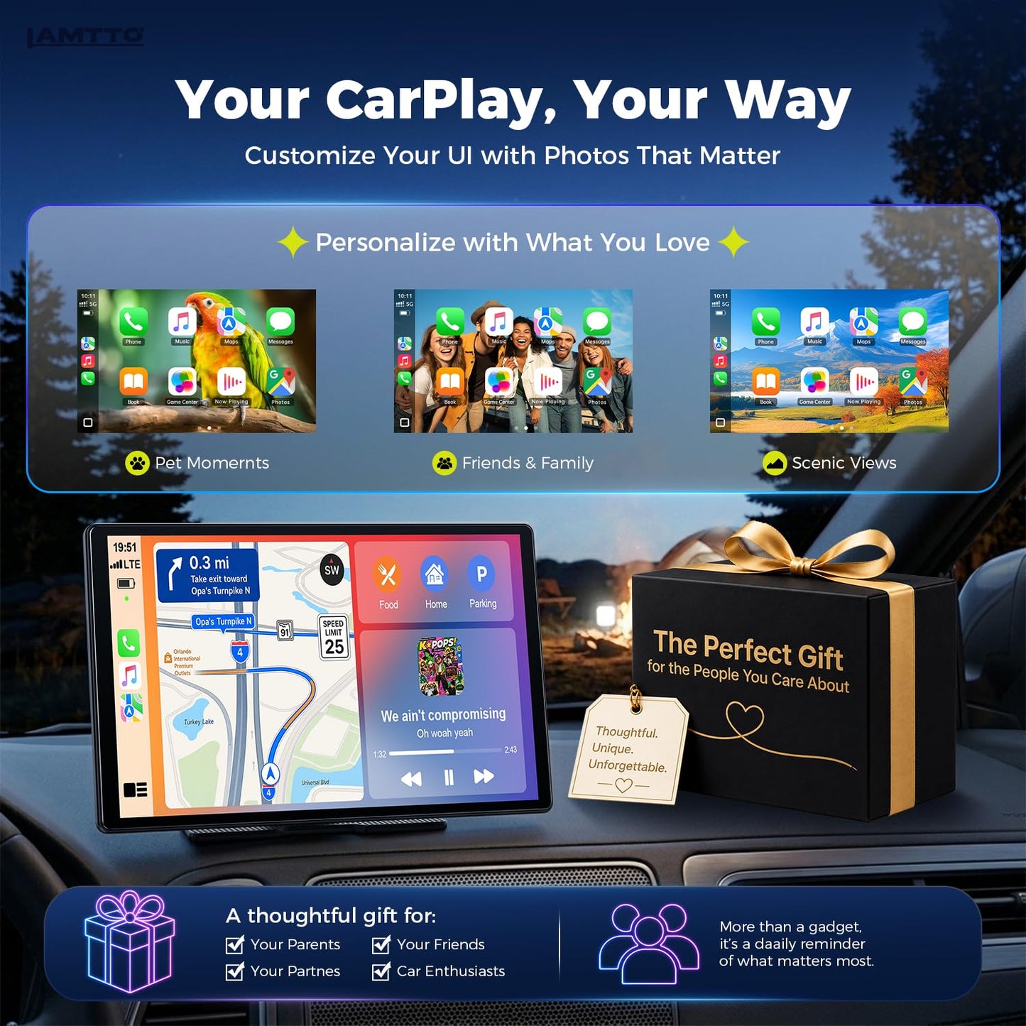 LAMTTO 11" Wireless CarPlay Screen with in-Cell Display - Dual-Band WiFi, OTA Updates & Mirror Link for iPhone & Android, A Thoughtful Gift for Family & New Drivers