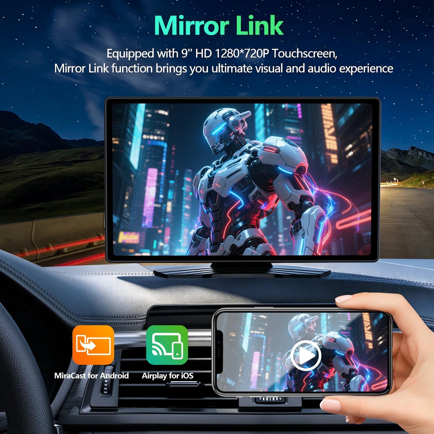 9" Carplay Screen for Car, Portable Wireless Car Play Screen for Apple CarPlay & Android Auto, OTA Updates, Backup Camera, Mirror Link, Voice Control, GPS Navigation, Bluetooth 5.0, FM/AUX